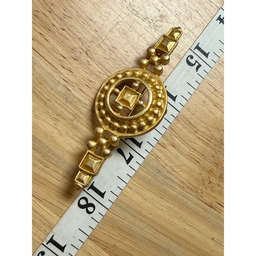 Vintage Matte Gold Tone Geometric Bar Brooch Textured Beaded Design Accessory - Picture 10 of 10